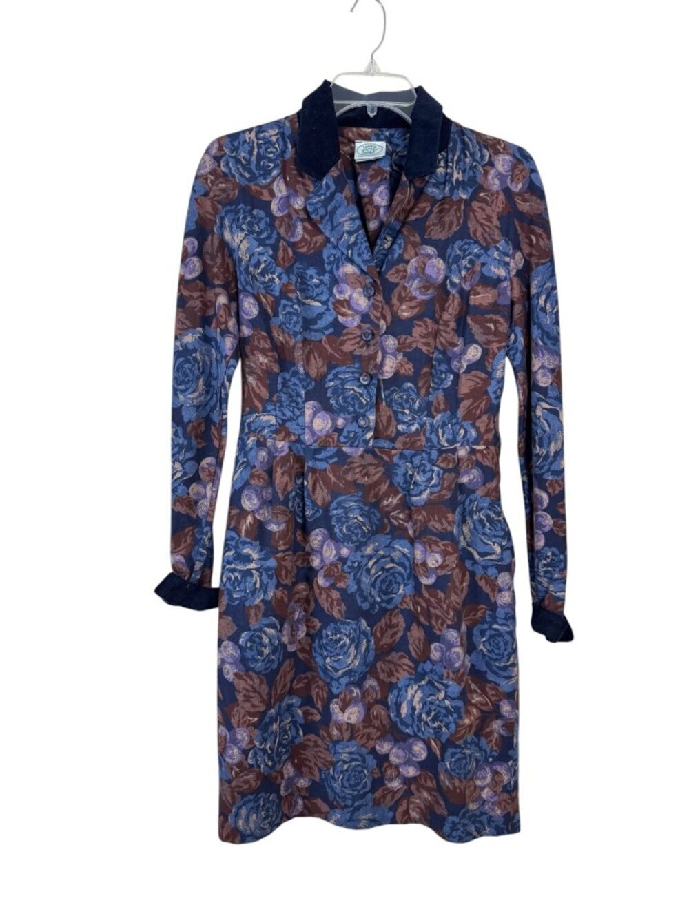 Laura Ashley Vintage Floral Dress Size 8 Corduroy Collar Wool Cotton Blend Modes